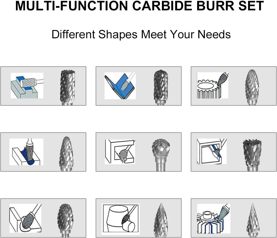 COMOWARE Rotary Burr Set 10pcs 1/8 Tungsten Carbide Rotary File Solid Carbide Rotary Burr Set Drill Grinding Cutter Tools Bits Set, for DIY Wood-working Carving, Metal Polishing, Engraving, Drilling image 4