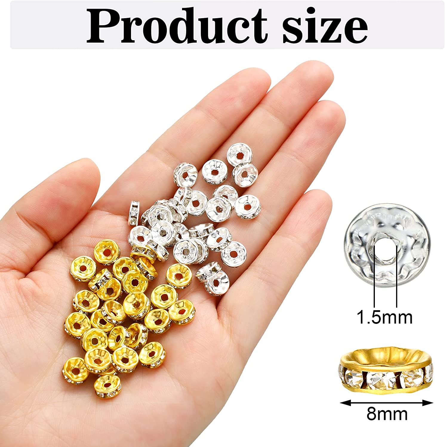800 Pieces 8mm Round Rondelle Spacer Beads Crystal Rhinestone Loose Bead Charm Beads Spacer Bead for Jewelry Making (Gold, Silver,8 mm) image 2