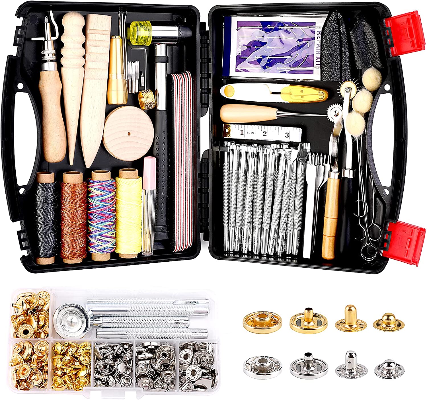 Lokunn 127 Pieces Leather Tool Kit, Leather Work Tool, Leathercraft Tools and Supplies with Leather Stamping Tools Rivets Kit Prong Punch for Leather Crafting Beginner Leather Working Kits image 0