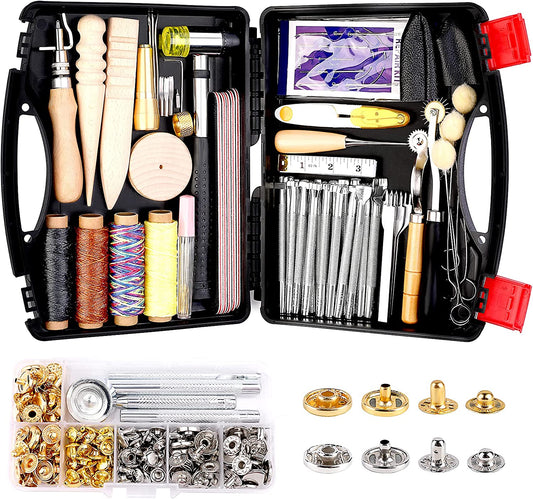 Lokunn 127 Pieces Leather Tool Kit, Leather Work Tool, Leathercraft Tools and Supplies with Leather Stamping Tools Rivets Kit Prong Punch for Leather Crafting Beginner Leather Working Kits image 0