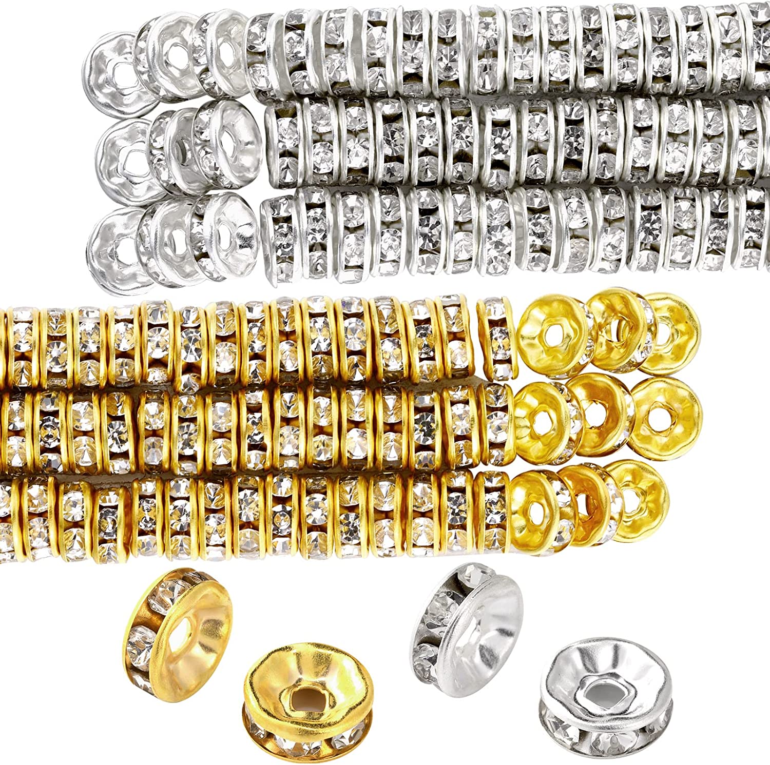 800 Pieces 8mm Round Rondelle Spacer Beads Crystal Rhinestone Loose Bead Charm Beads Spacer Bead for Jewelry Making (Gold, Silver,8 mm) image 0
