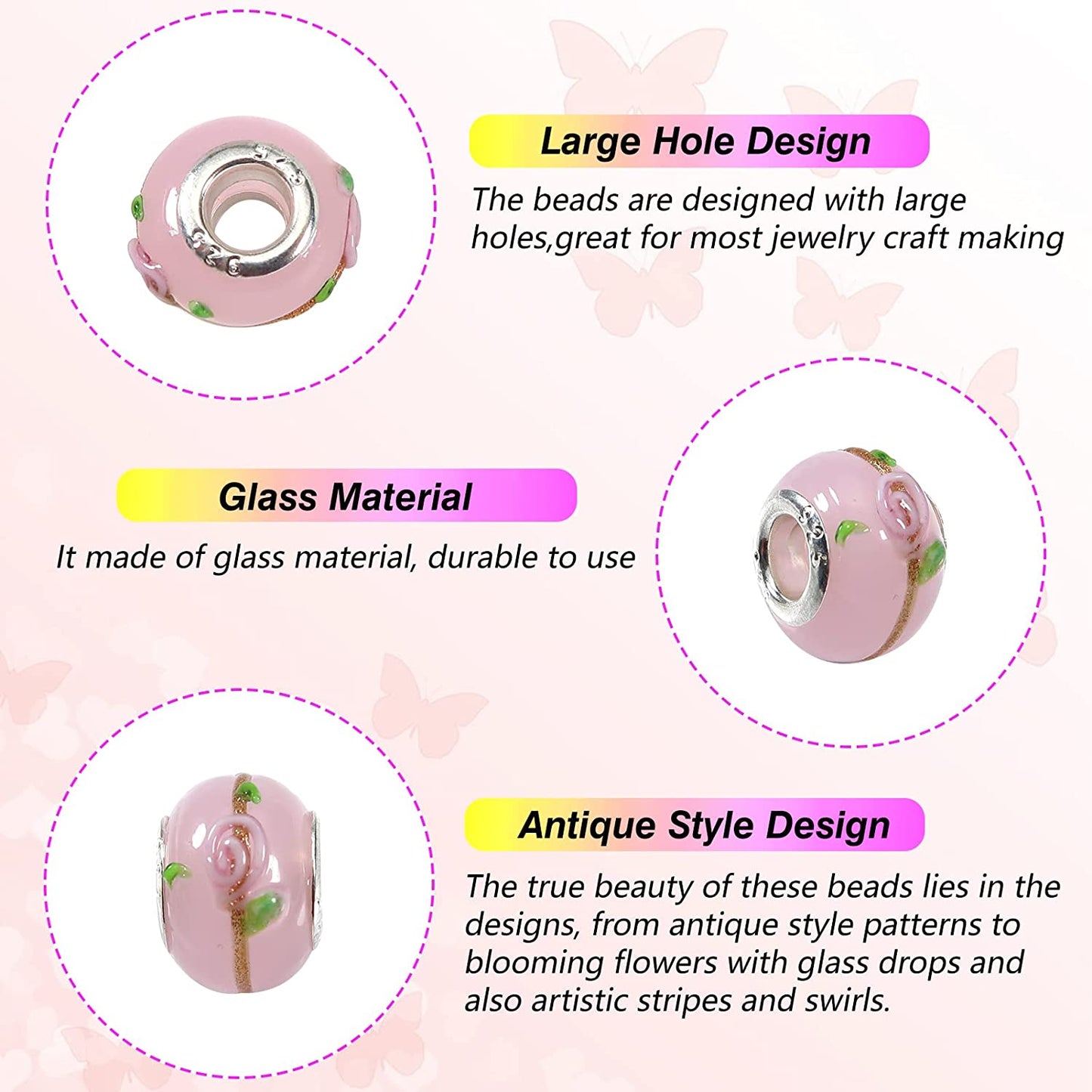 TOAOB 50pcs Pink European Large Hole Beads Spacer Glass Lampwork Craft Beads Rhinestone Metal Beads for DIY Charms Bracelet Necklace Jewelry Making image 2