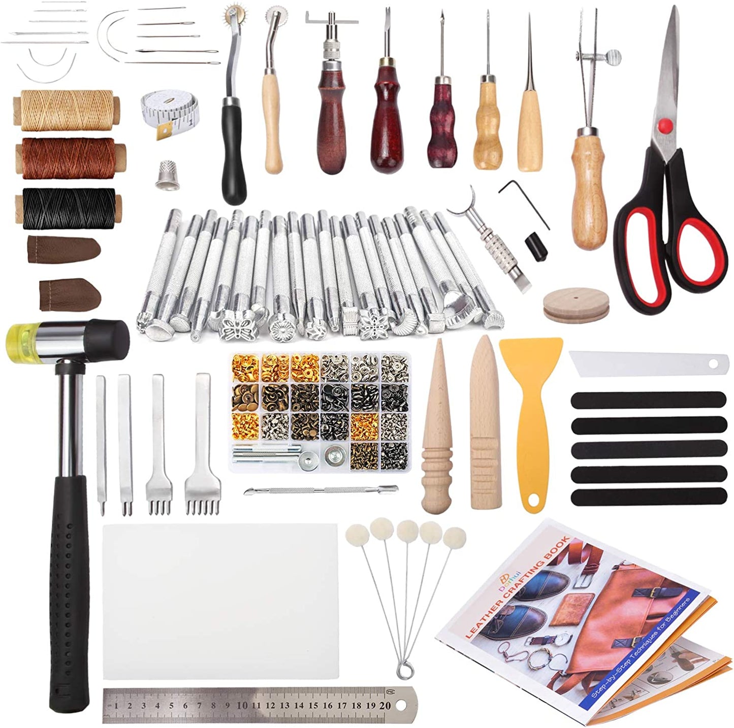 Dorhui 194 Pieces Leather Working Tools with Instruction,Leather Stamping Tools with Cutting Mat Snaps and Rivets Kit, Stitching Groover, Prong Punch, Leather Saddle Making Tools for DIY Leather Craft image 0