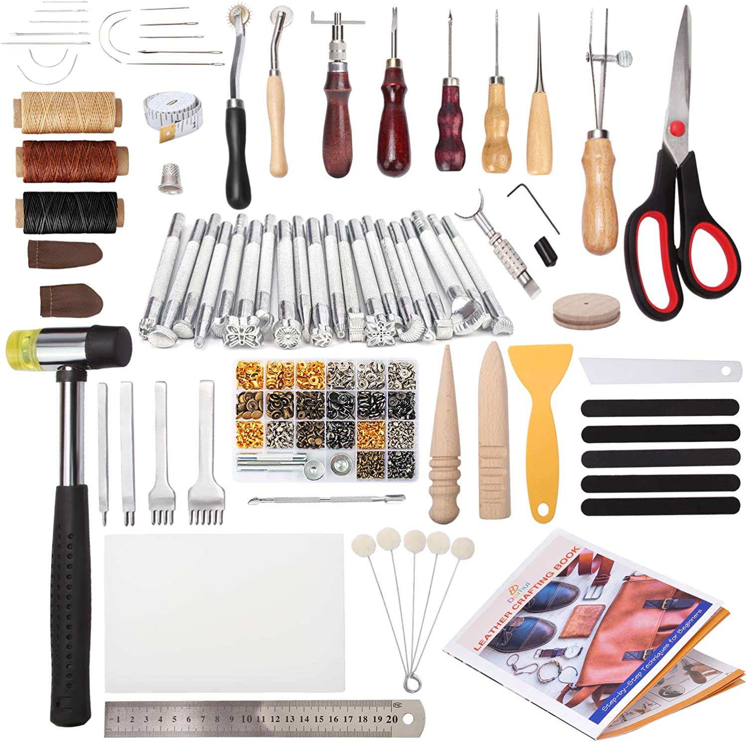 Dorhui 194 Pieces Leather Working Tools with Instruction,Leather Stamping Tools with Cutting Mat Snaps and Rivets Kit, Stitching Groover, Prong Punch, Leather Saddle Making Tools for DIY Leather Craft image 0