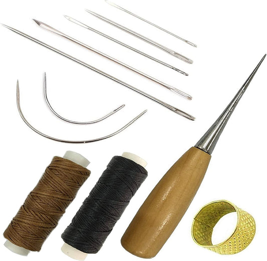 11 Pieces Repair Leather Craft Tool, 7 Pieces Curved Upholstery Hand Sewing Needles Sewing Needles with Leather Waxed Thread Cord 1 Brown 1 Black and Drilling Awl and Thimble for Leather Repair image 0