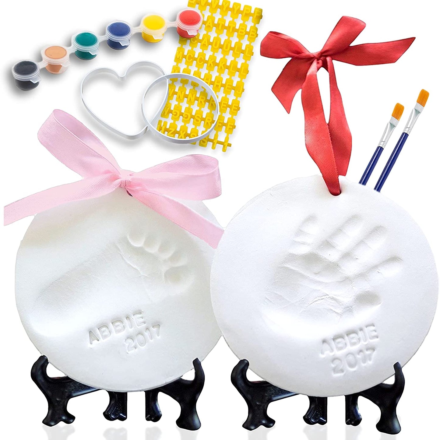 Baby Ornament Keepsake Kit (Newborn Bundle) 2 EASELS, 4 Ribbons &amp; Letters! Baby Handprint Kit and Footprint Kit, Clay Casting Kit for Baby Shower Gifts, Boys &amp; Girls image 0
