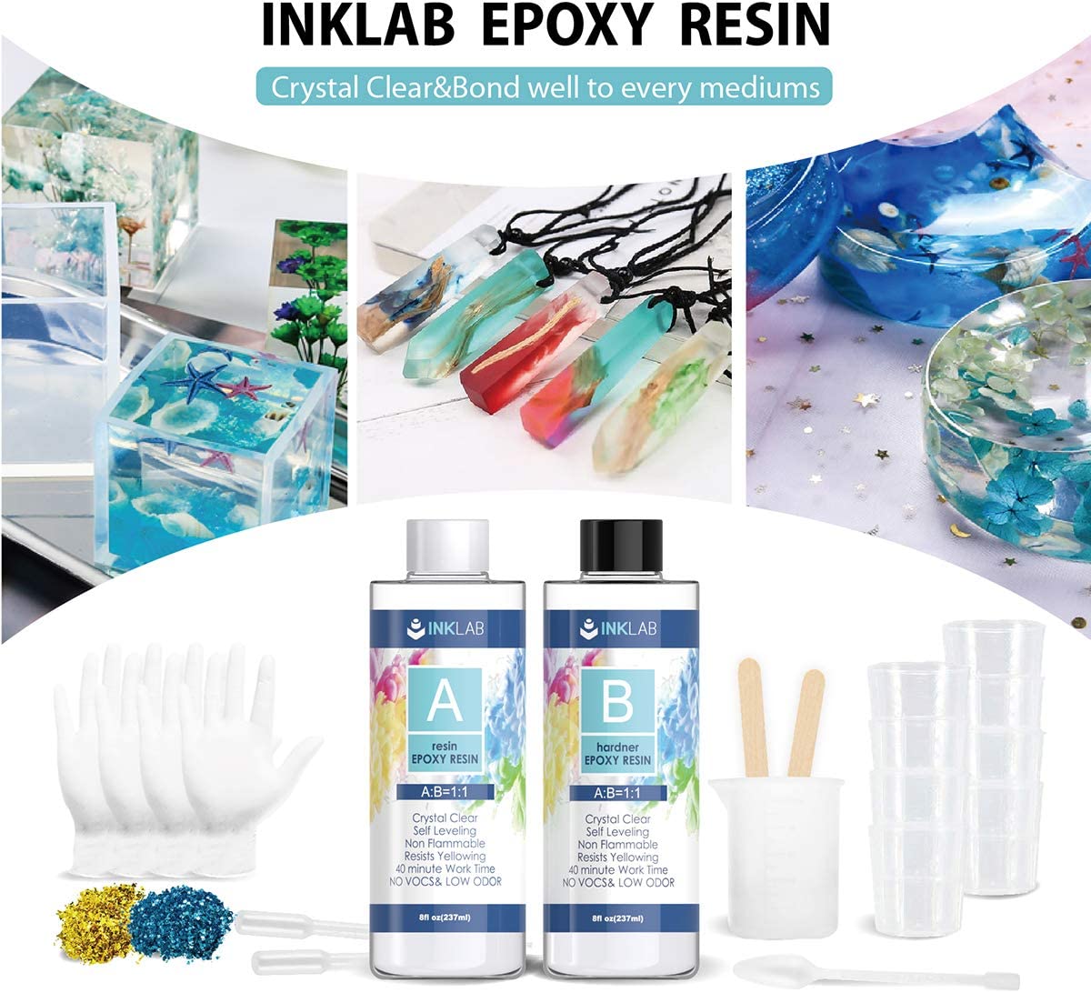 Epoxy Resin Crystal Clear Casting Kit 16 Oz Coating Resin Starter Kit for Beginners Jewelry Tumblers Arts Crafts, Mica Powders, Mixing Sticks, Silicone Cups, Gloves, Pipettes image 6