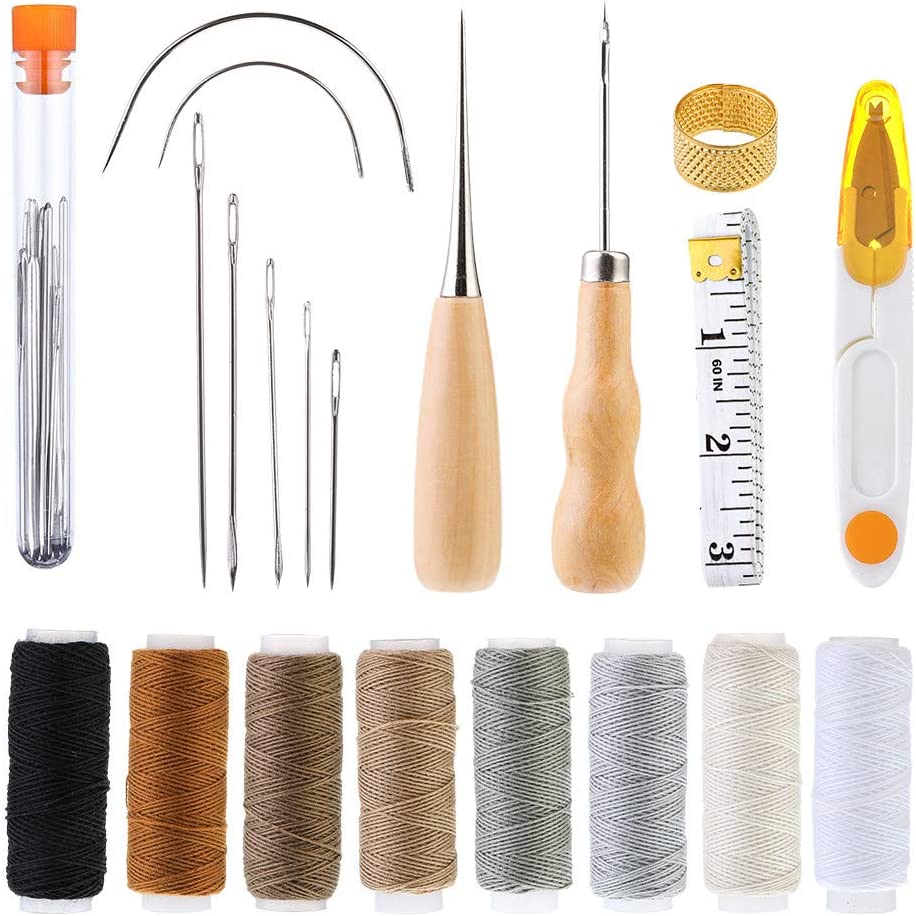 29 Pcs Upholstery Repair Kit, Leather Craft Tools Set Include Wax Thread&amp;Tape Measure&amp;Hand Sewing Needles&amp;Scissors&amp;Mid-Hole Cone&amp;Log Cone&amp;Copper Ring Thimble, Canvas DIY Tool Set for Leather Repair image 0