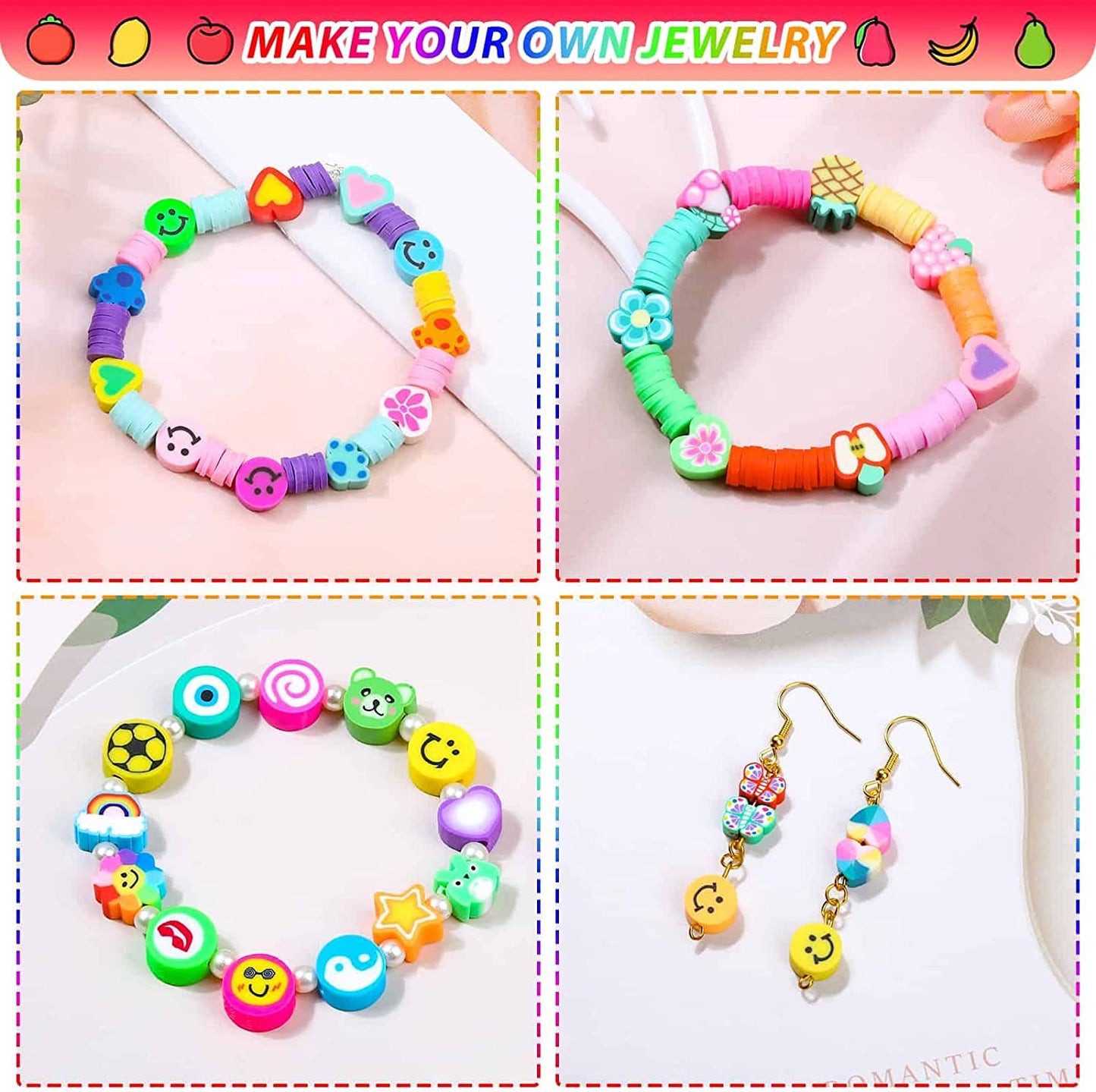 480 Pcs Fruit Flower Polymer Clay Beads, 24 Styles Trendy Cute Smiley Bead Charms for Bracelets Jewelry Necklace Earring Making with Elastic String image 2