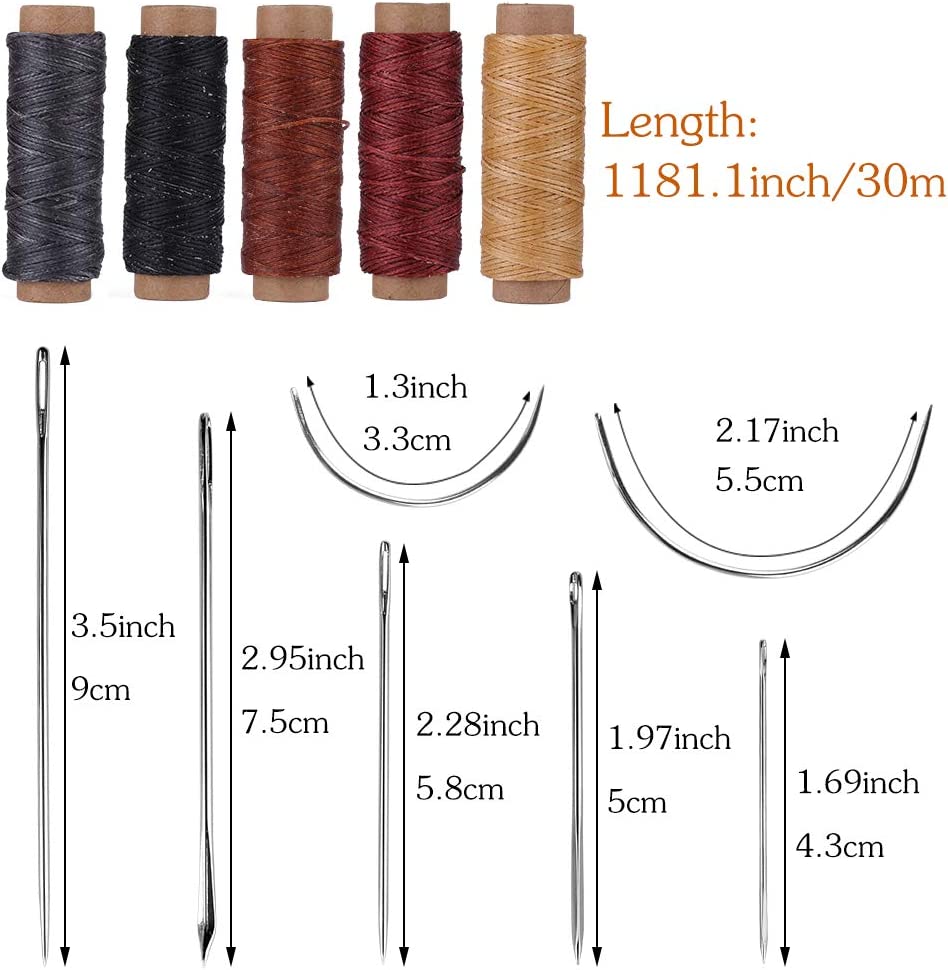 Jmuiiu 29Pcs Leather Sewing Repair Upholstery Kit, 5 Colors Waxed Thread, Leather Hand Sewing Needles with Leather Groover, Sewing Awl, and Other Leather Tools for Beginners Leather DIY image 2