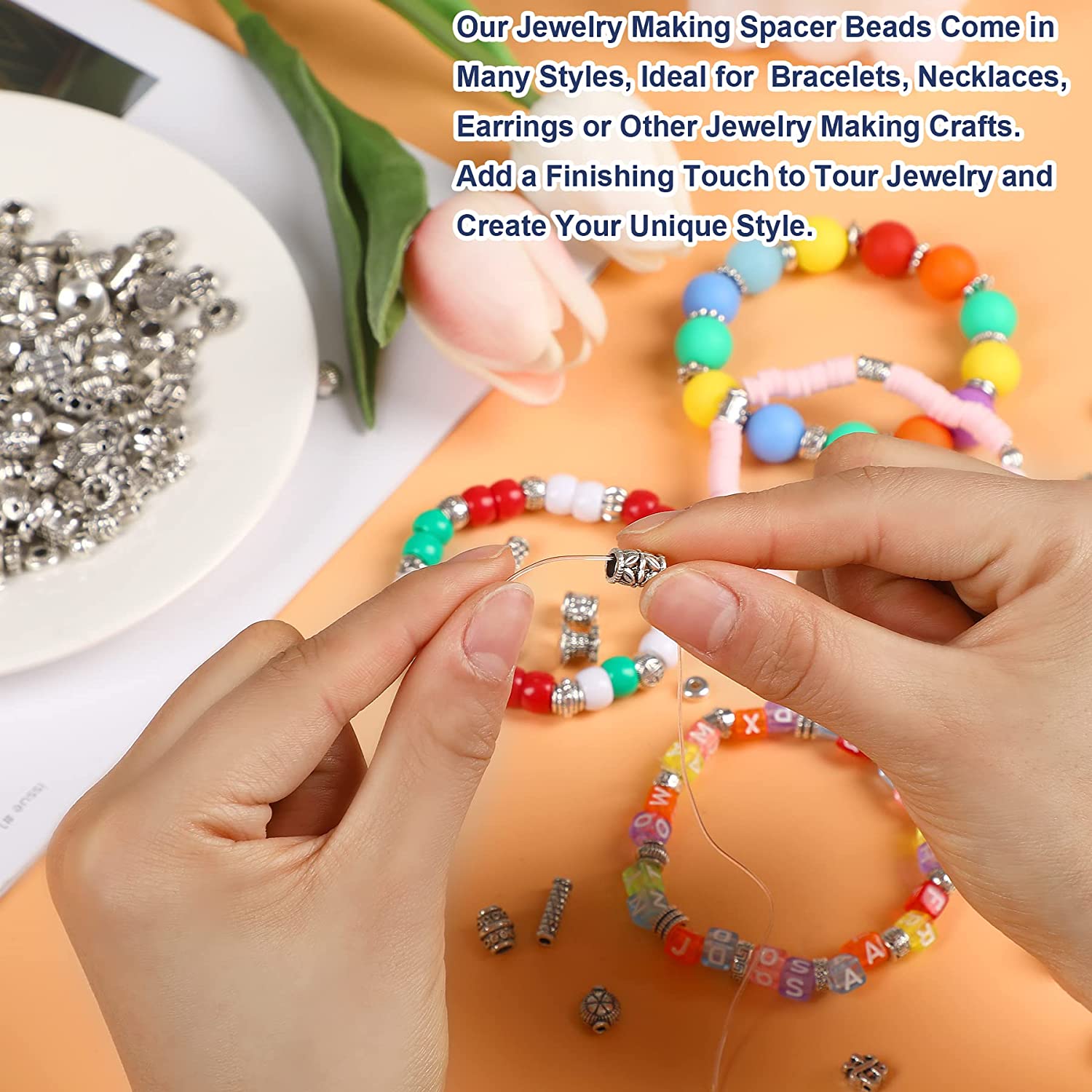UPINS 300Pcs Silver Spacer Beads for Jewelry Bracelet Necklace Making Crafts Silver Beads Metal Alloy Beads Loose Spacer Beads with Radom Styles for DIY image 3