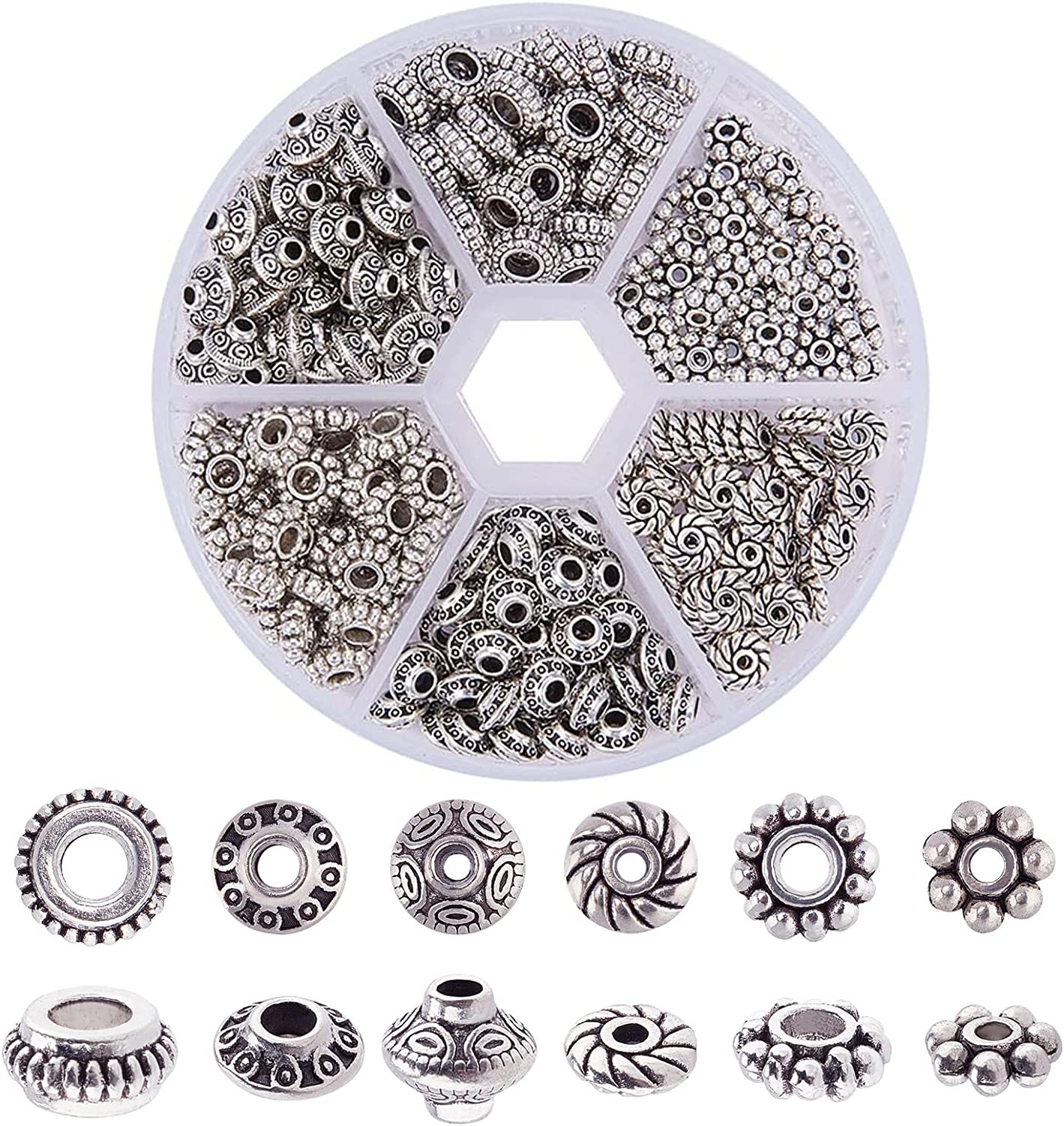 PH PandaHall 300pcs 6 Style Antique Silver Spacer Beads, Tibetan Metal Alloy Jewelry Beads Tube Spacers Flower Flat Rondelle Small Loose Beads for Bracelet Necklace Earring Jewelry Making Supplies image 0