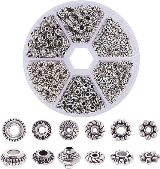 PH PandaHall 300pcs 6 Style Antique Silver Spacer Beads, Tibetan Metal Alloy Jewelry Beads Tube Spacers Flower Flat Rondelle Small Loose Beads for Bracelet Necklace Earring Jewelry Making Supplies image 0