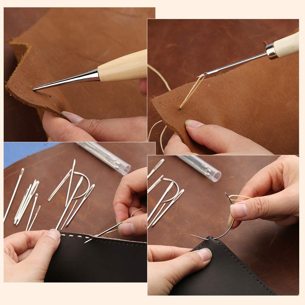 44 Pieces Leather Sewing Kit, Leather Working Tools with Waxed Thread, 4mm Prong Punch, Sewing Awl and Large-Eye Stitching Needles, Leather Tools and Supplies for Beginner image 4