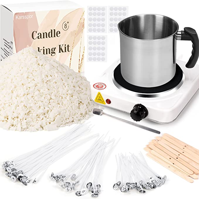 Karsspor Candle Making Kit with Electric Hot Plate, 135 PCS Basic Soy Candle Making with 1 KG Soy Wax, Candle Making Melting Pot, Candle Wax and Cotton Wicks, Candle Making Kit for Beginners Adult image 0