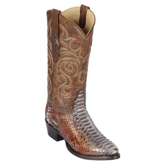 Los Altos Boots Mens #655788 Round Toe | Genuine Python Snakeskin Boots Handmade | Color Rustic Cognac image 0
