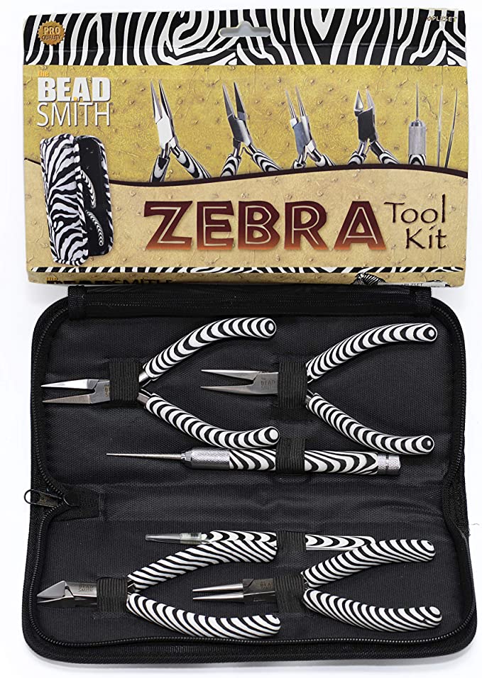 The Beadsmith Zebra Print Pliers – 6 Inch Tools, 6 Piece Kit: Chain Nose, Round Nose, Bent Chain Nose, Side Cutter, Tweezers &amp; Reamer with Zippered Pouch – Tools Set for Jewelry Making image 4