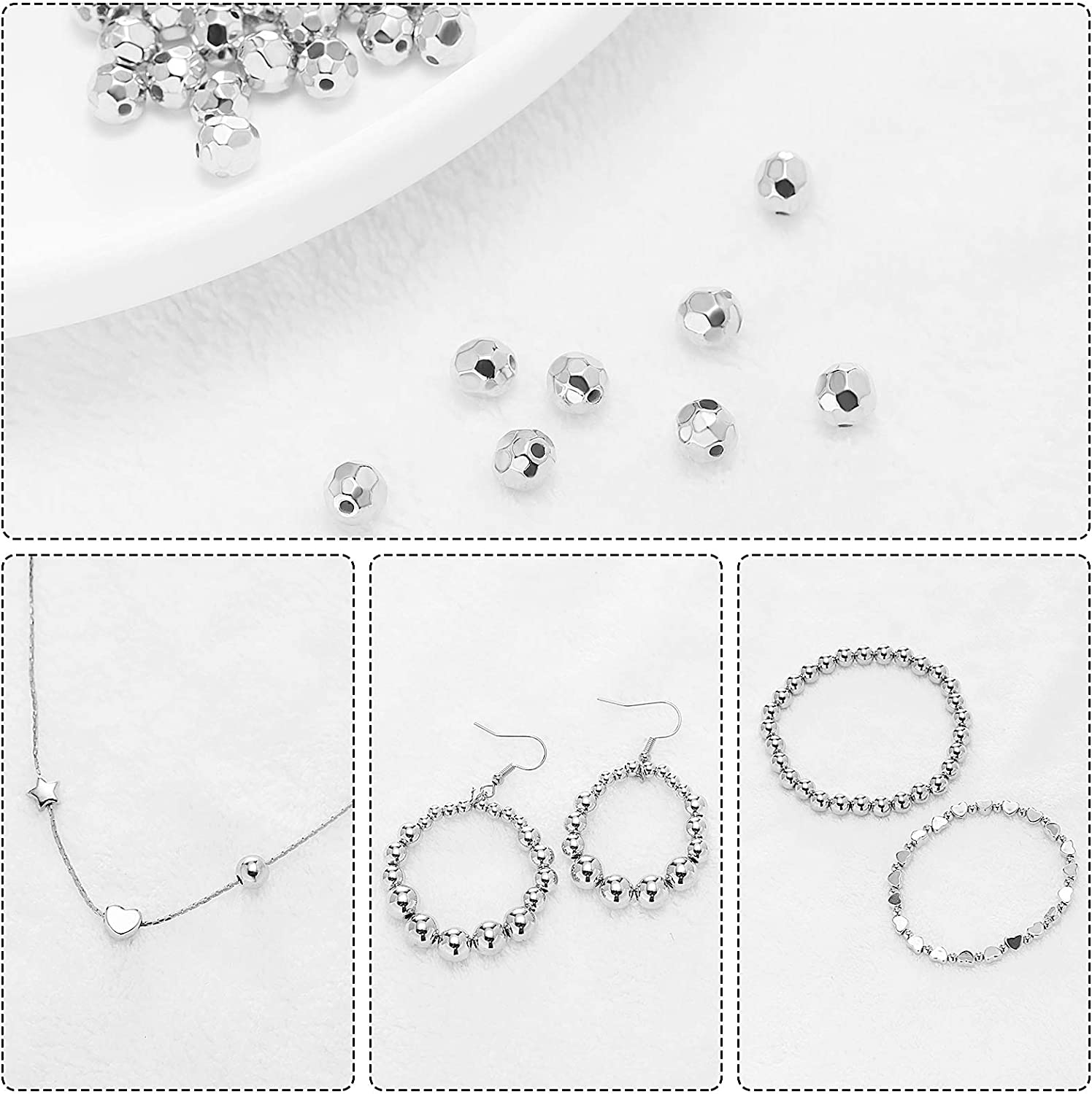 1200 Pieces Spacer Beads Loose Beads Set Includes 600 Pieces Round Ball Smooth Beads and 600 Pieces Faceted Spacer Beads for Stackable Bracelet Jewellery Craft Making DIY, 8 mm, 6 mm, 4 mm (Silver) image 2