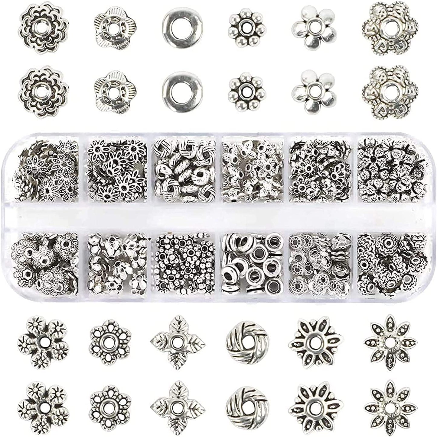 Quefe 360pcs Silver Spacer Beads Caps of 12 Styles Jewelry Accessories for Bracelet Necklace Jewelry Making image 1