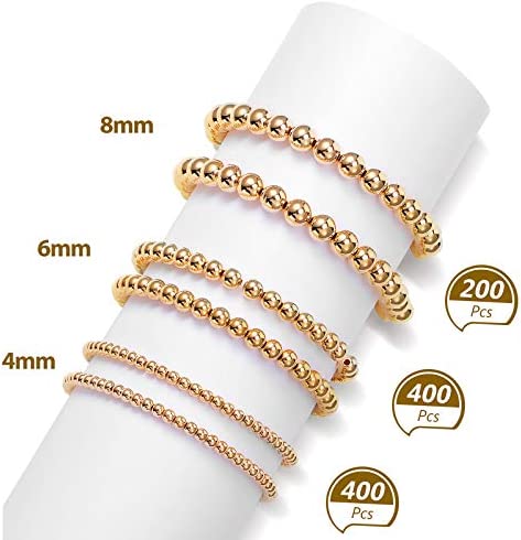 1200 Pieces Beads Ball Round Beads Beaded Spacer Beads Seamless Smooth Loose Ball Beads for Stackable Bracelet Jewelry Craft Making, 8 mm, 6 mm, 4 mm (Gold) image 1