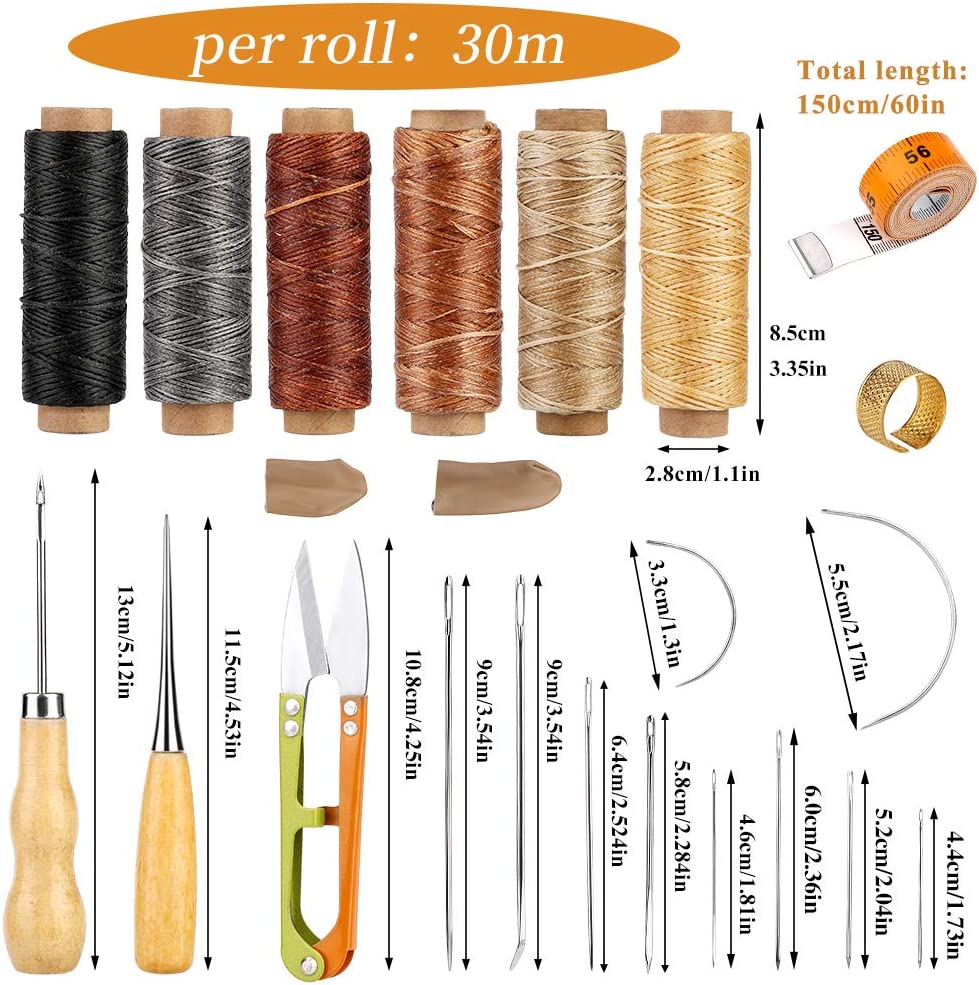 Leather Craft Sewing Kit Leather Repair Upholstery Sewing Kit with 6 Colors Leather Sewing Waxed Thread Hand Quilting Needles Sewing Awl for Beginner Leather Repair, Stitching, Sewing image 1