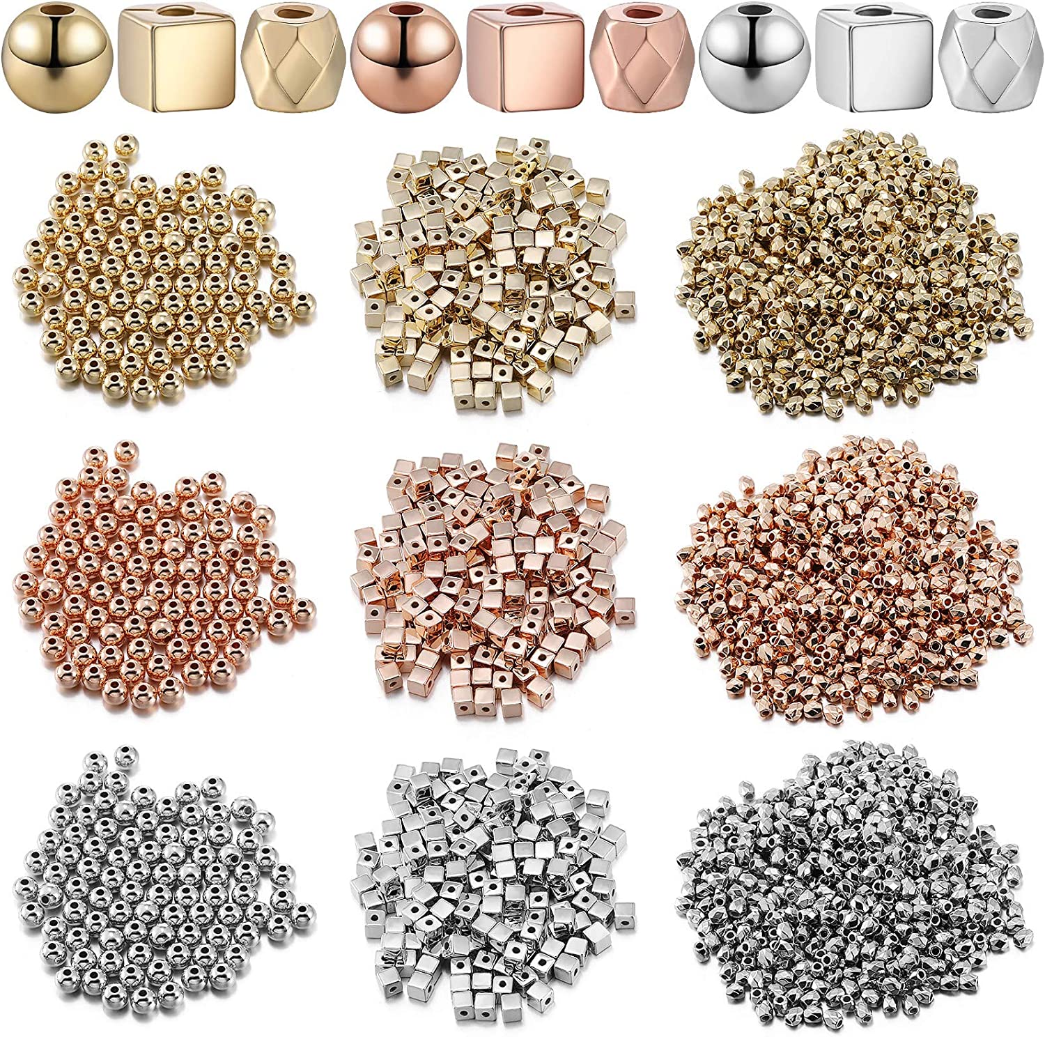 3000 Pieces Assorted Spacer Beads Include 1500 Faceted Rondelle Cube Spacer Column Bead, 900 Round Ball Spacer Bead, 600 Square Spacer Bead Charm Loose Bead for DIY Jewelry (Gold, Sliver, Rose Gold) image 0