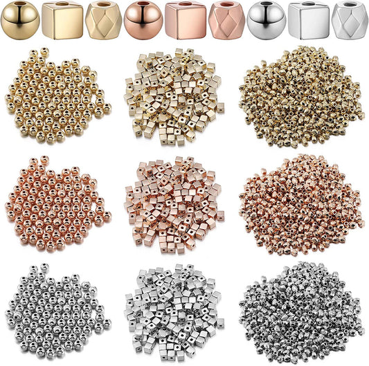 3000 Pieces Assorted Spacer Beads Include 1500 Faceted Rondelle Cube Spacer Column Bead, 900 Round Ball Spacer Bead, 600 Square Spacer Bead Charm Loose Bead for DIY Jewelry (Gold, Sliver, Rose Gold) image 0