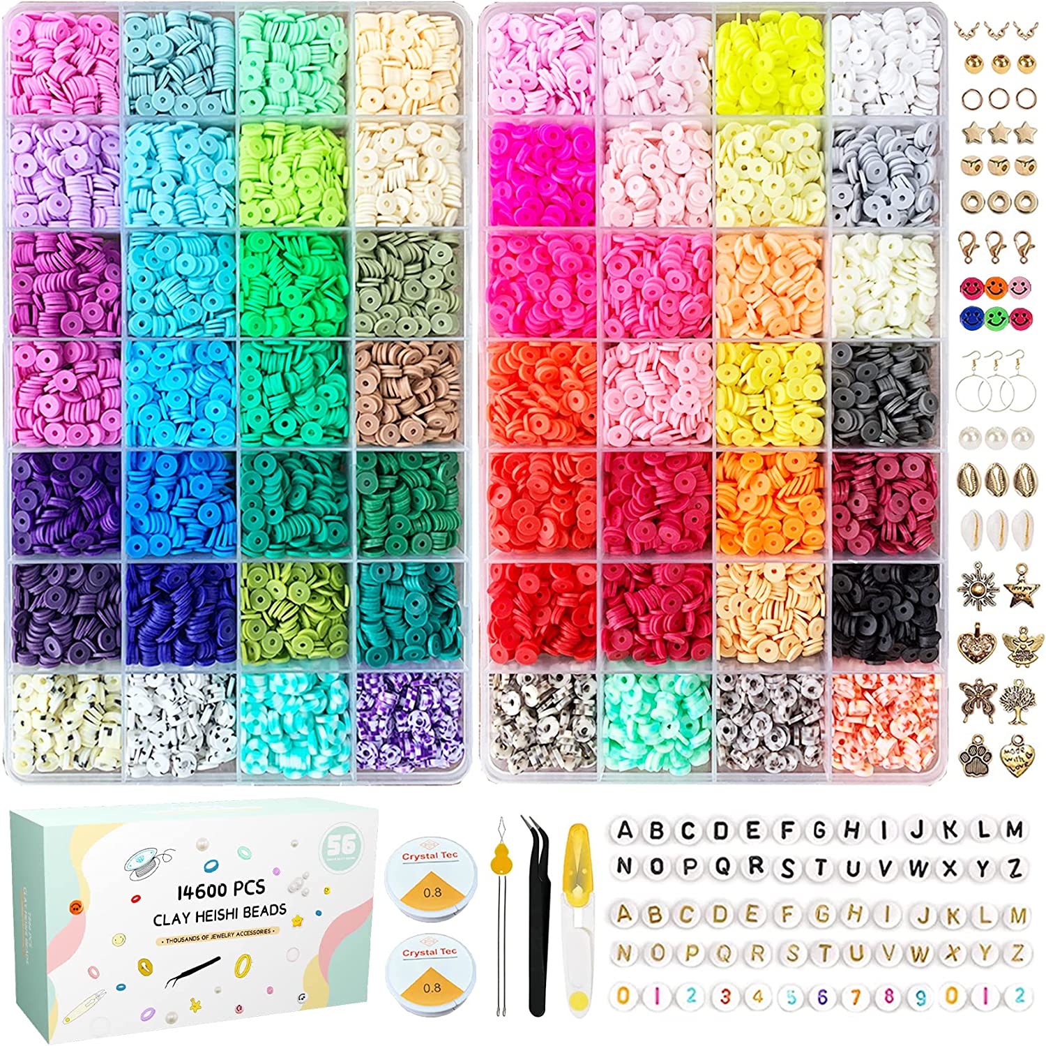 14600pcs Clay Beads for Bracelets Making Kit, 56 Colors Polymer Heishi Flat Clay Beads Charms for Jewelry Earring Making Kit Smiley Face Letter Beads with Necklace Strings Stuff Gift for Girls 6-12 image 0
