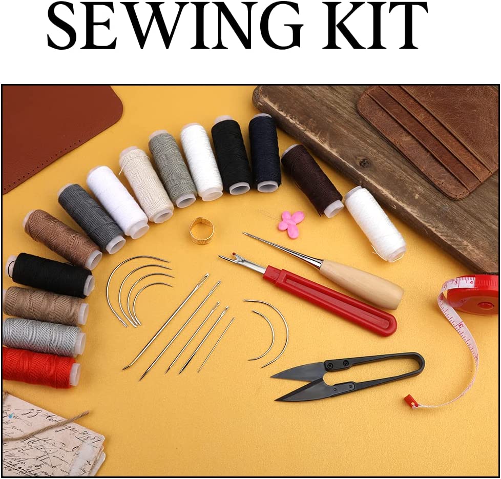 31 PCS Leather Sewing Kit, Upholstery Repair Kit, Leather Sewing Craft Tool with Curved Needle, Upholstery Thread Cord, Tape Measure, Seam Ripper, Leather Canvas Sewing Awls image 5