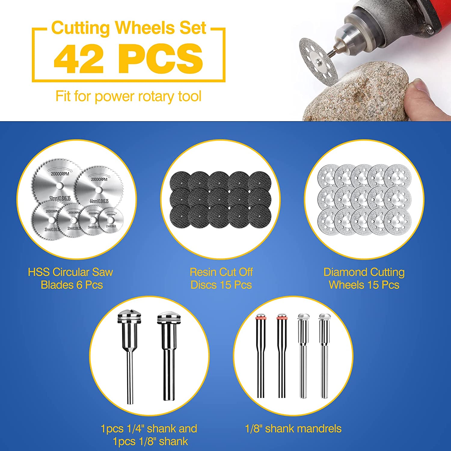 Rotary Tool Accessories Cutting Wheels Set 42 Pcs Diamond Cutting Wheels 15pcs and Resin Cutting Off Wheels 15pcs with Mandrels, Hss Circular Saw Blades 6pcs with 1/8" Shank for Wood Metal DIY Craft image 1