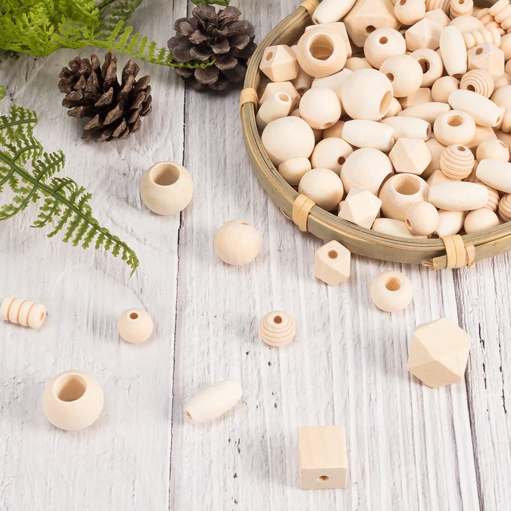 PandaHall 250~300pcs Assorted Natural Wooden Bead, Round/Cube/Polygon/Rondelle/Oval/Column Spacer Beads Unfinished Wood Loose Beads for Bracelet Necklace Jewelry Making Christmas Decoration image 4