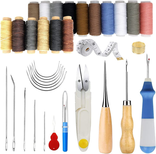 PLANTIONAL 34 PCS Basic Leather Sewing Kit: Upholstery Thread Cord, Leather Waxed Thread with Sewing Awl, Seam Ripper, Tape Measure Large-Eye Stitching Needles for DIY Leather Craft Repair image 0