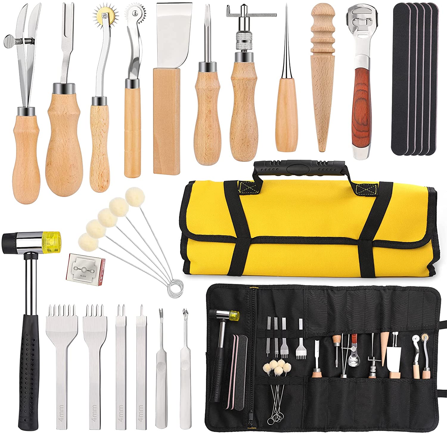 Leathercraft Hand Tools Kit, Leather Working Tools with Leather Prong Punch, Leather Hammer, Stitching Groover, Leather Skiver, and Other DIY Leather Craft Tools for Leather Making Projects image 0