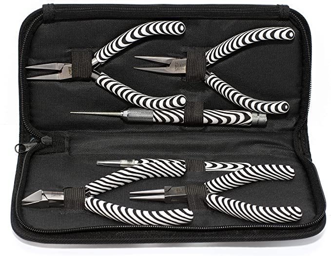 The Beadsmith Zebra Print Pliers – 6 Inch Tools, 6 Piece Kit: Chain Nose, Round Nose, Bent Chain Nose, Side Cutter, Tweezers &amp; Reamer with Zippered Pouch – Tools Set for Jewelry Making image 2