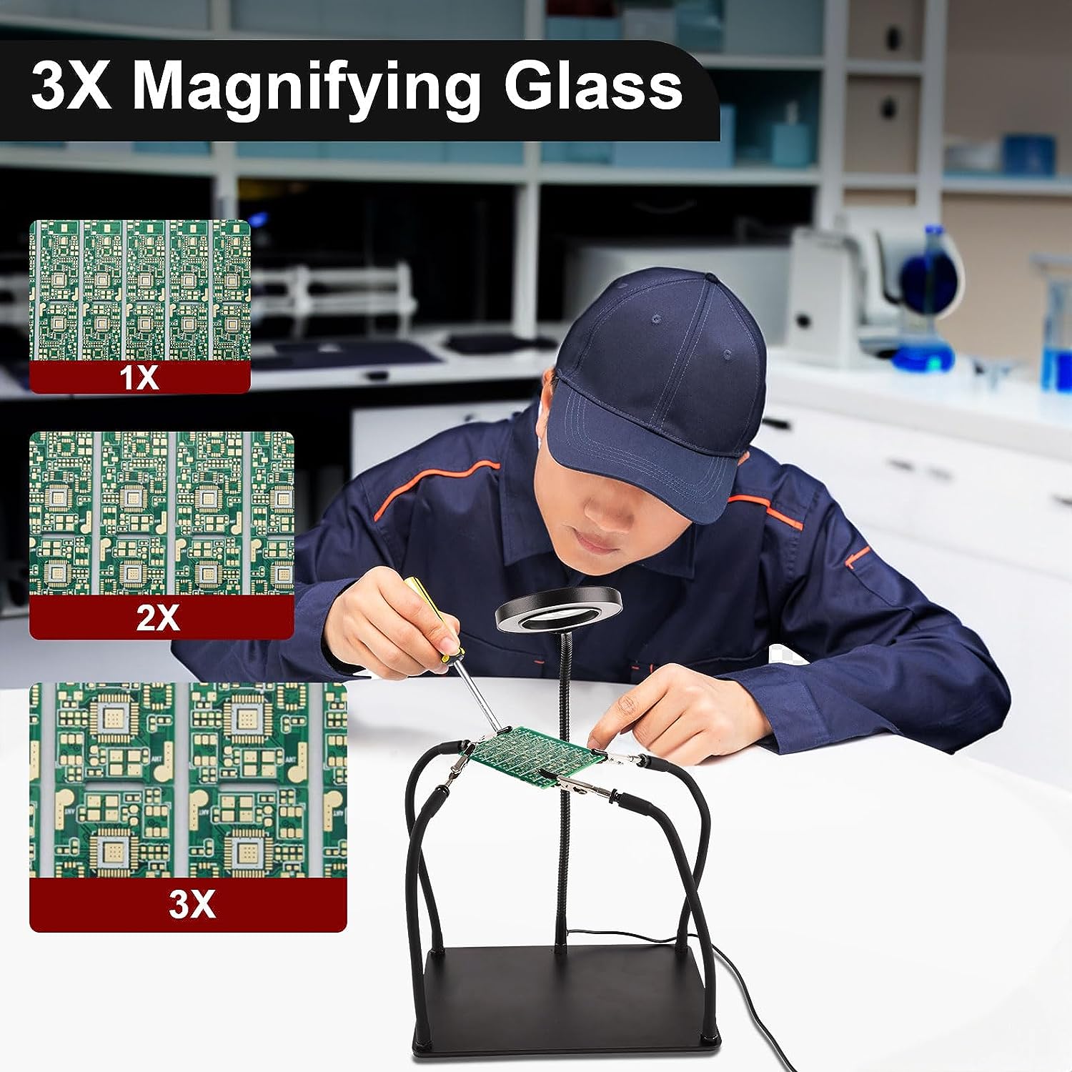 iklestar Helping Hands Soldering, Third Hand Soldering Tool with 3X LED Magnifying Lamp PCB Holder Flexible Metal Arms Adjustable Helping Hand for Electronic Soldering Repair Jewelry Crafts image 2
