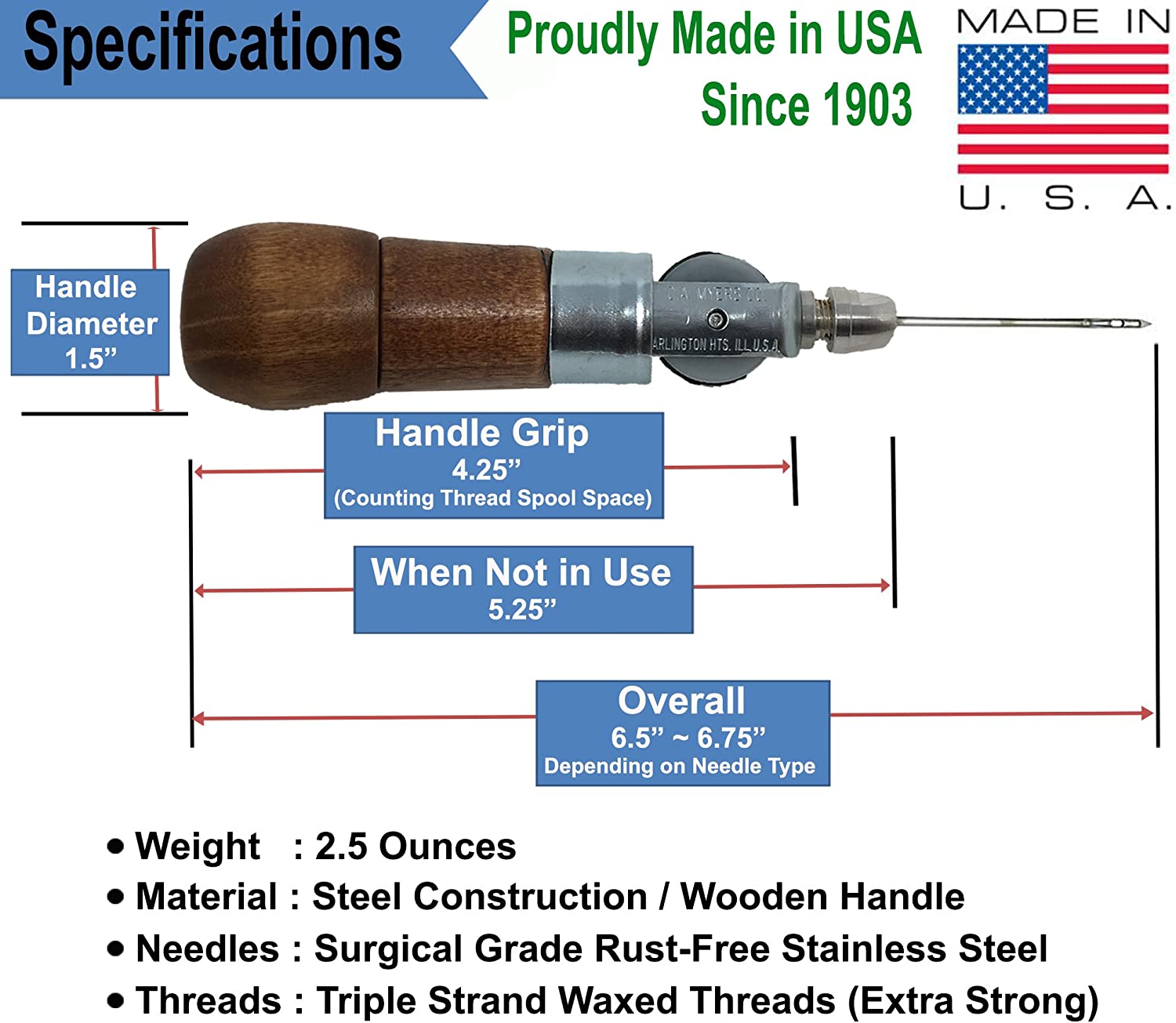 Professional Leathercraft Accessories, Sewing, Stitching Awl Tool Kit &amp; Supplies, HEAVY DUTY - MADE in USA – DIY Craft, Leather, Heavy Fabric, Canvas, Upholstery, Bag, Shoe, Belt Repair Lockstitch Set image 3
