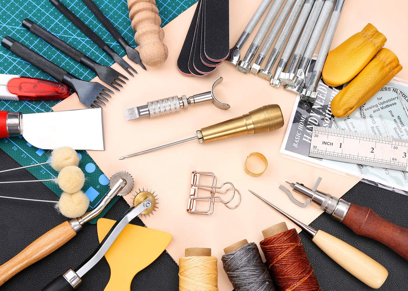 Electop Leather Working Tools Kit, Leather Crafting Tools and Supplies with Leather Stamping Tool Prong Punch Edge Beveler Cutting Mat Awl Wax Ropes Needles DIY Leather Making Stitching Sewing Kit image 6