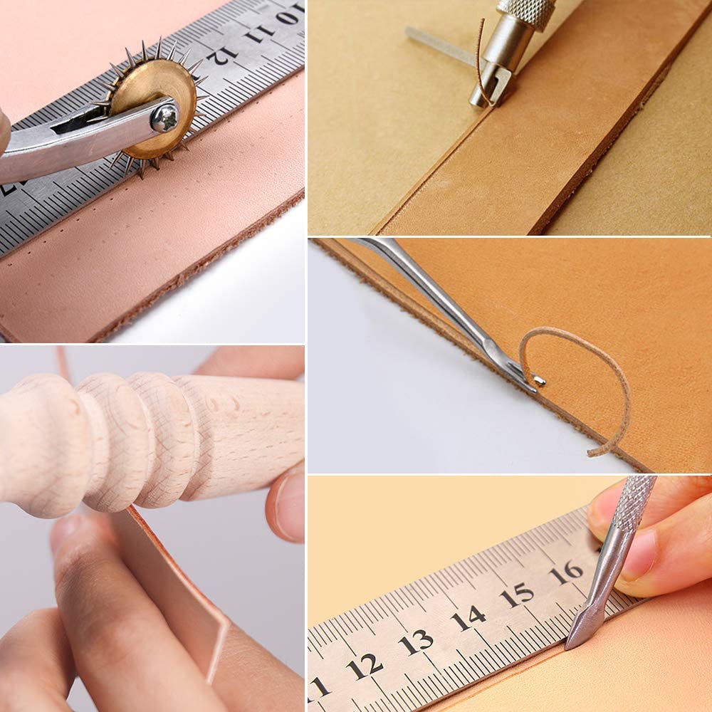 ELECTOP 31 Pcs Leather Sewing Tools DIY Leather Craft Tools Hand Stitching Tool Set with Groover Awl Waxed Thread Thimble Kit image 5
