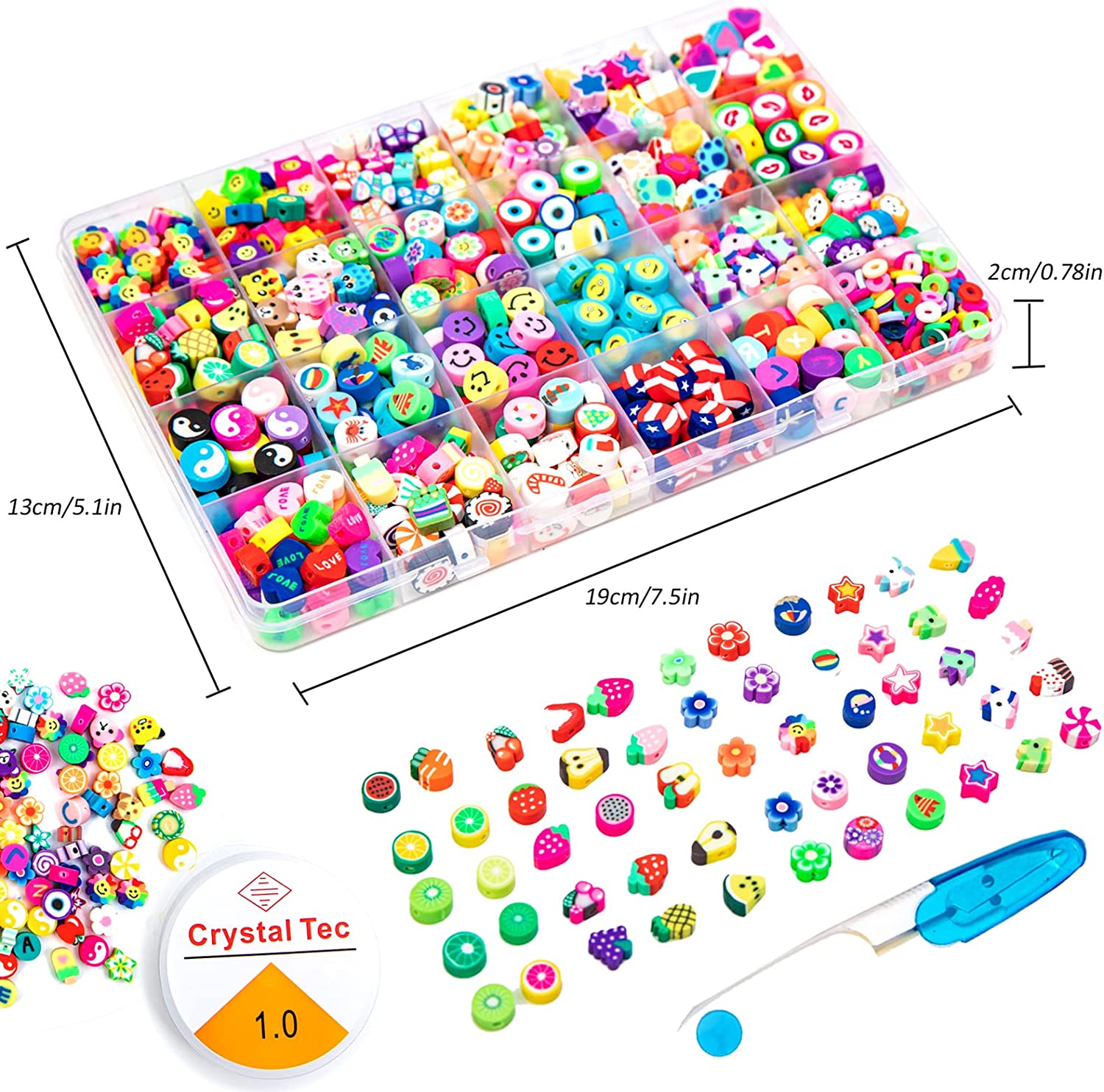 666PCS Flower Smiley Polymer Clay Beads Charms 24 Styles Cool Fun Cute Preppy Beads for Jewelry Making Girls Indie Aesthetic Beads DIY Bracelet Accessories Kit 5m Crystal Elastic String for Kids image 1