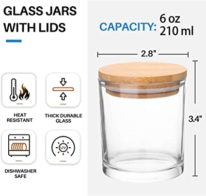 15 Pack, 6 OZ Thick Glass Jars with Airtight Bamboo Lids and Sticky Labels, Clear Empty Candle Jars for Making Candles, Spice Jars, Sample Container - Dishwash Safe image 2