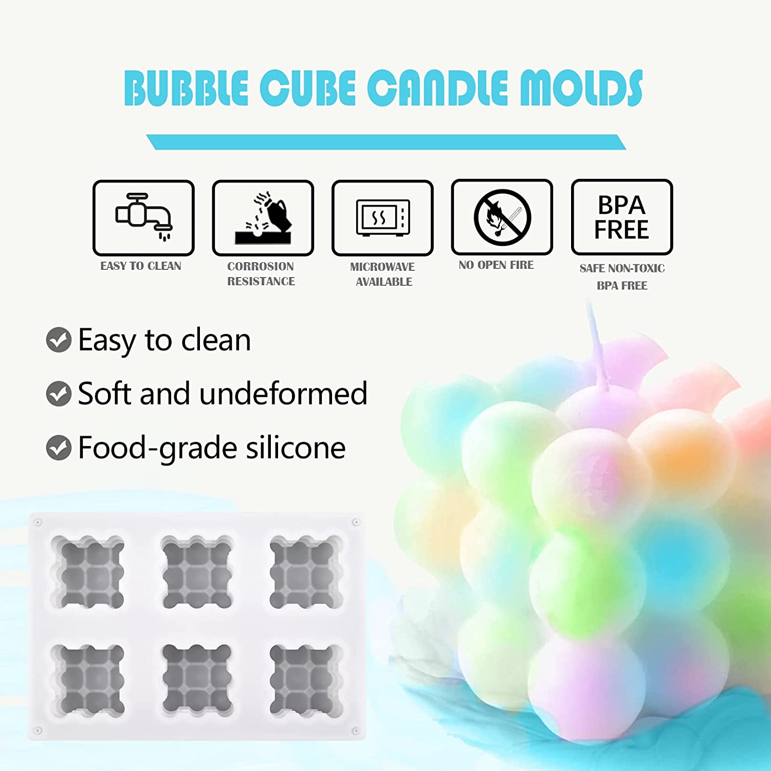 3D Bubble Candle Molds - 6 Cavity Bubble Cube Silicone Mold for Candles Soap Making, Bubble Cake Mold for Baking Dessert Mousse Cake Jelly Ice Cream image 3