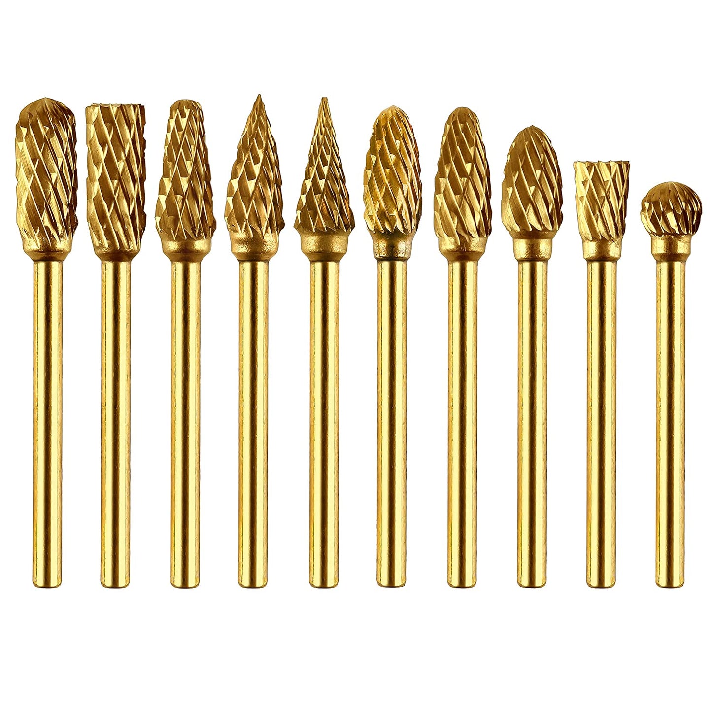 WHISTECK Titanium Carbide Rotary Burr Set - 10pcs Double Cut Tungsten Steel Die Grinder Bits, 1/8" Shank and 1/4" Head Length for Woodworking, Drilling, Metal Craving, Engraving, Polishing image 0