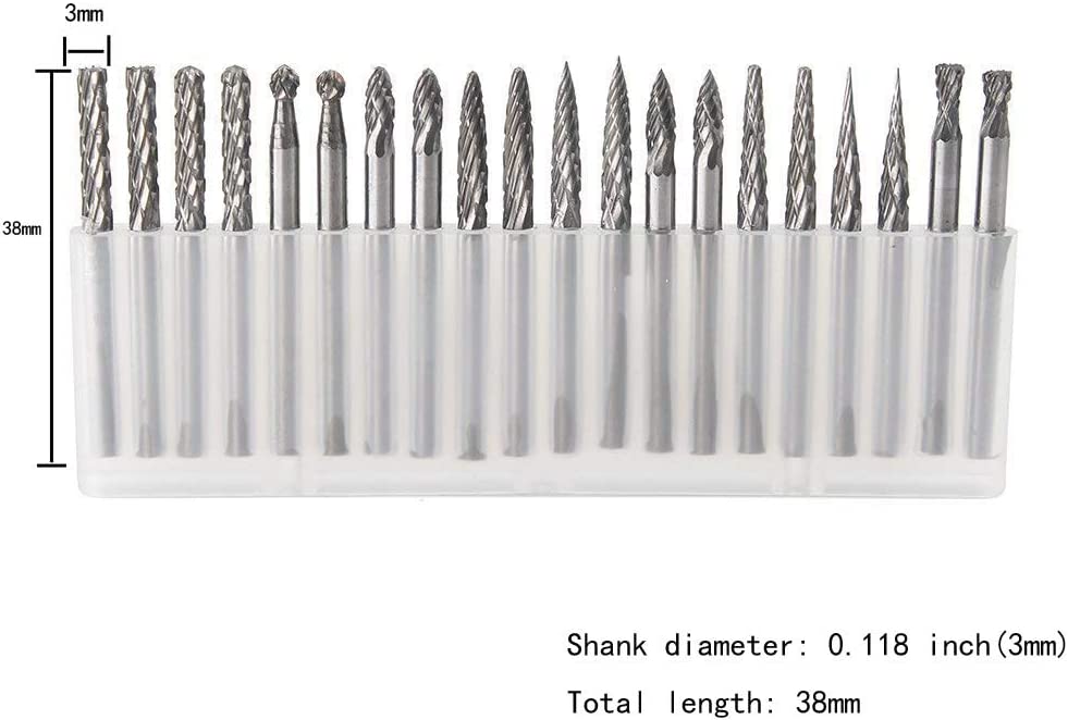 YUFUTOL 20pcs Solid Carbide Burr Set 0.118‘’（3mm）Shank Tungsten Carbide Rotary Files Burrs with 3mm Cutting Head Diameter Fits Most Rotary Drill Die Grinder for Woodworking,Engraving,Drilling,Carving image 1