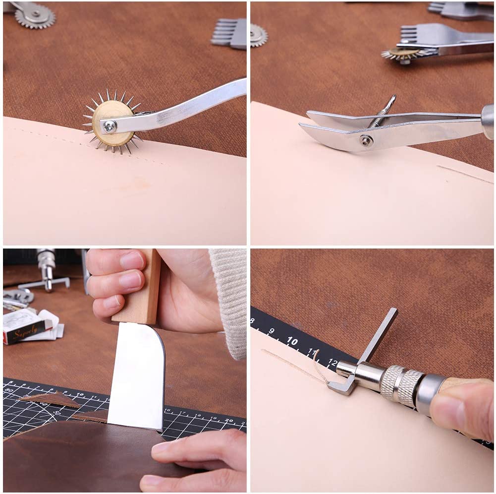 Leathercraft Hand Tools Kit, Leather Working Tools with Leather Prong Punch, Leather Hammer, Stitching Groover, Leather Skiver, and Other DIY Leather Craft Tools for Leather Making Projects image 6