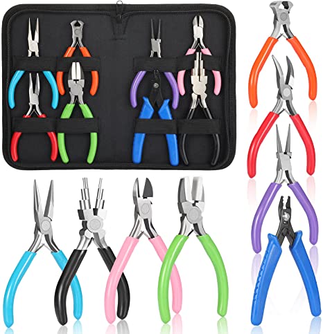 8 Pcs Jewelry Making Pliers Tool Kit, Needle Nose Pliers, Round Nose Pliers, Wire Cutters, Crimping Pliers, Bent Nose Pliers, End Nippers, Bail Making Pliers, Nylon Pliers for DIY (Multicolor) image 0