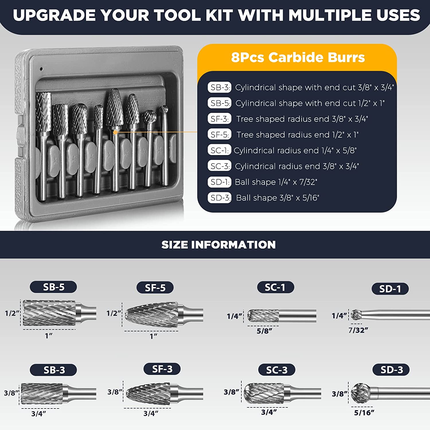 WHISTECK Carbide Burr Set, 8Pcs Double Cut Tungsten Carbide Rotary Burr set, 1/4 inch Shank Die Grinder Bits, Carbide Rotary File for Metal Wood Carving, Engraving, Polishing,Drilling image 3