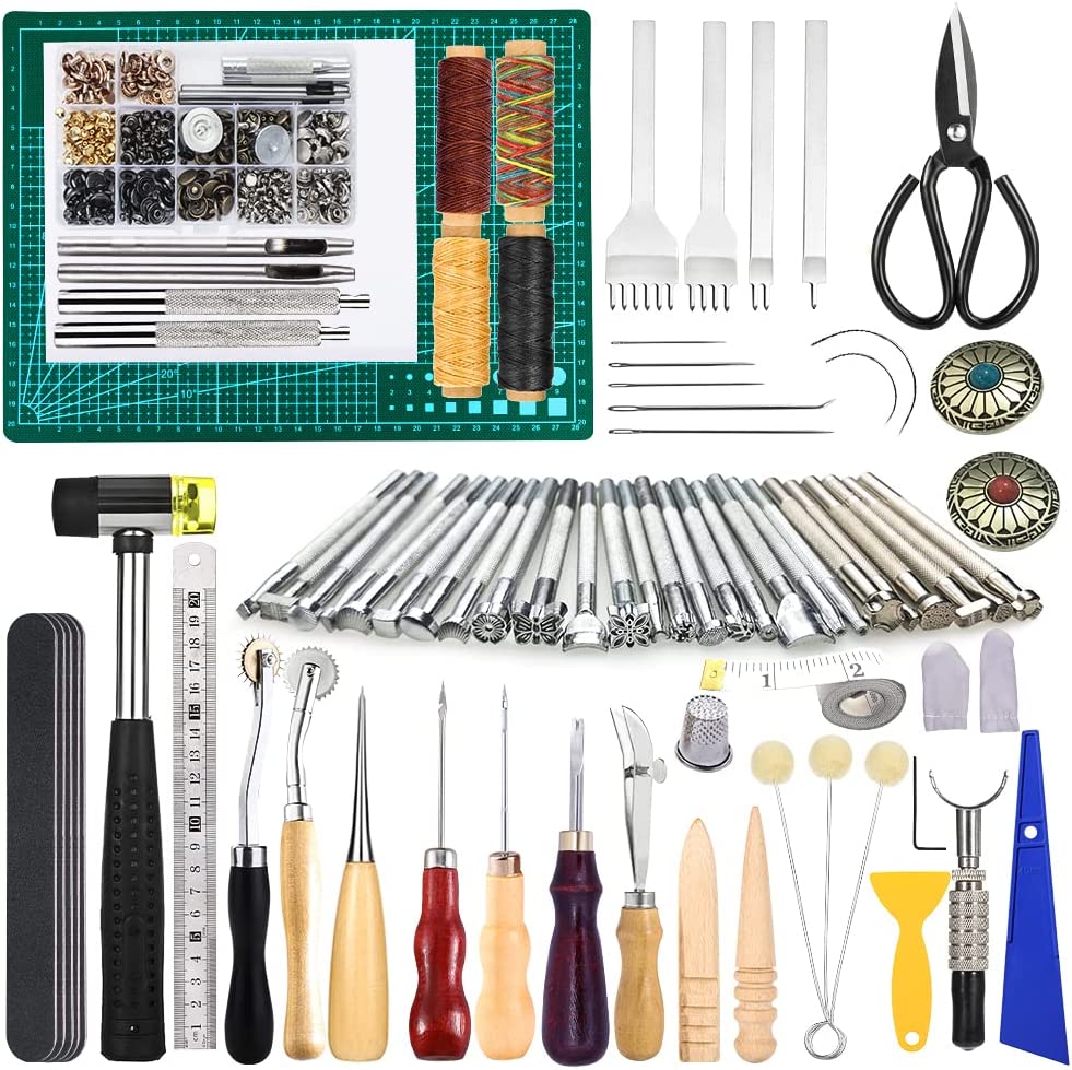 243Pcs Leather Working Tools and Supplies with Instruction, Leather Stamping Tools, Snaps and Fasteners Kit, Waxed Thread Cord, Cutting Mat, Leather Tooling Starter Kit for DIY Leather Craft image 0