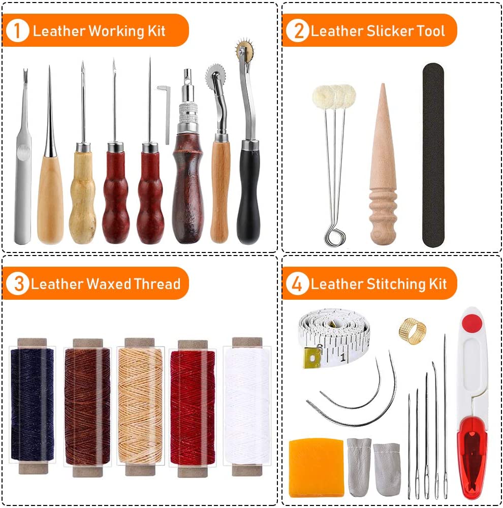 Leather Working Tools Kit 103 Pcs, Leather Craft DIY Tools with Stamping Tool, Cutting Mat, Snaps Rivets Kit, Stitching Groover, Waxed Thread, Leather Tool Kit for Stitching Punching Cutting Sewing image 1