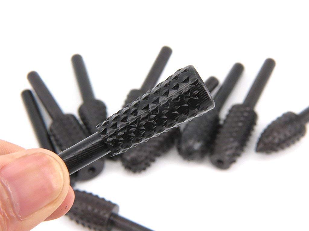 ASNOMY 10PCS Woodworking Twist Drill Bits, Wood Carving File Rasp Drill Bits 6.3mm(1/4") Shank Electrical Tools Woodworking Rasp Chisel Shaped Rotating Embossed Grinding Head with Storage Bag image 5