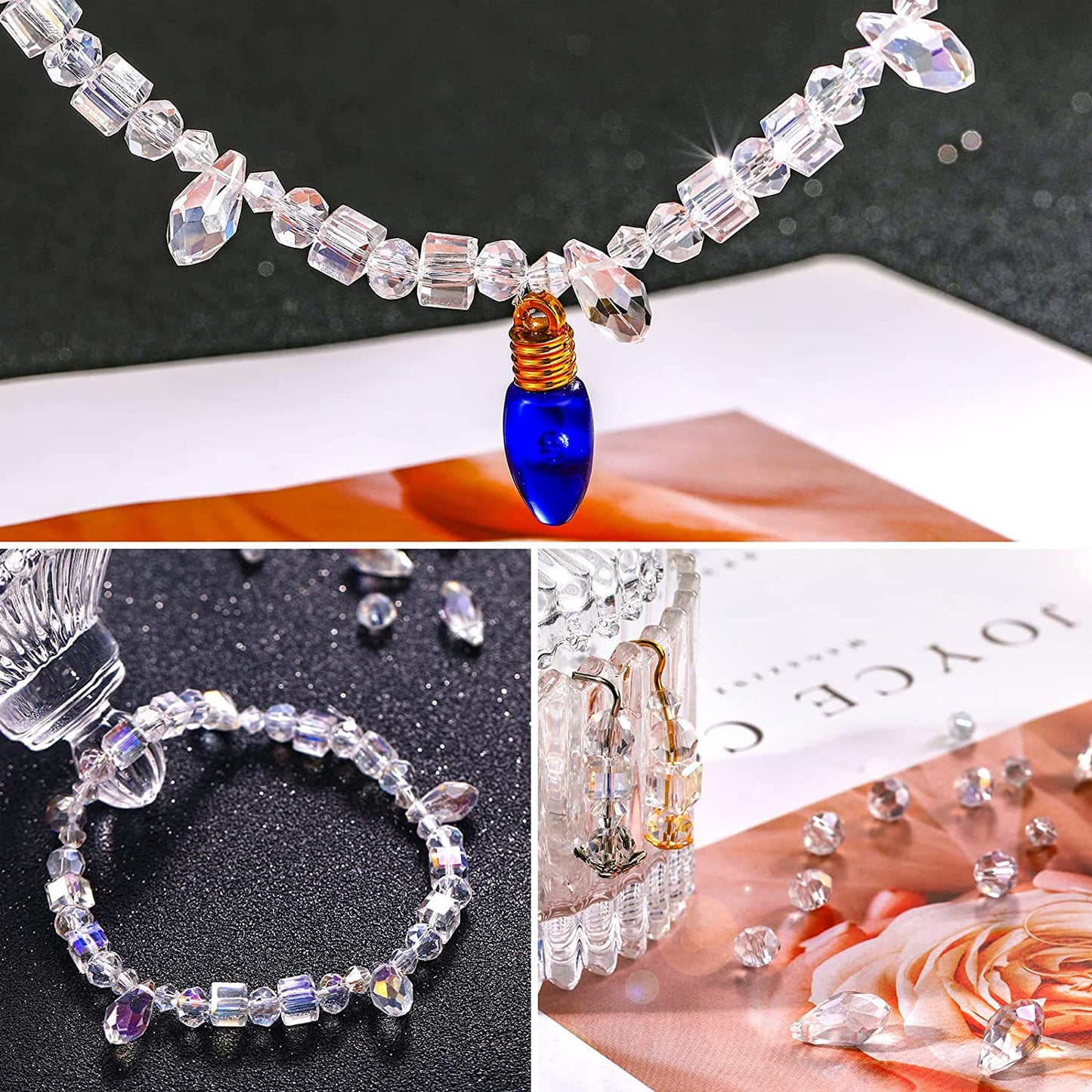 1100 Pieces Crystal Glass Beads for Jewelry Making AB Crystal Faceted Gemstone Beads Rondelle Bicone Bicone Round Loose Spacer Beads for Craft Chandelier image 4